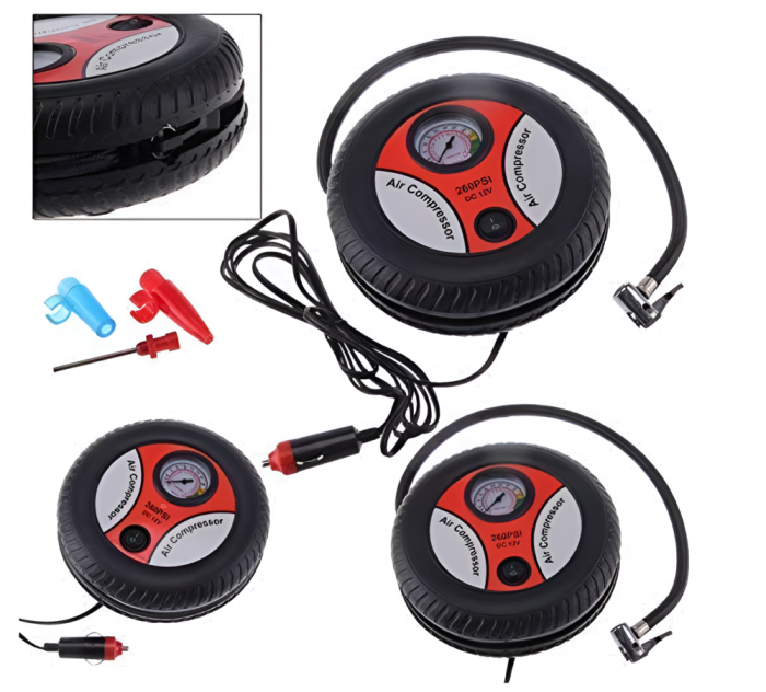 Compresor Aer Auto In Forma De Anvelopa, 12V, 260 PSI, 20l/minut, Pompa Pentru Umflare Anvelopa, Roti Bicicleta Sau Mingi, Negru-rosu [11]