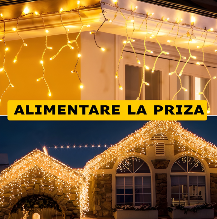 Instalatie Craciun tip Franjuri, 12 m, 300 Led-uri, 8 jocuri de lumini, Perdea, Franjuri, Exterior/Interior, Fir Alb, Interconectabila, Alb cald [2]