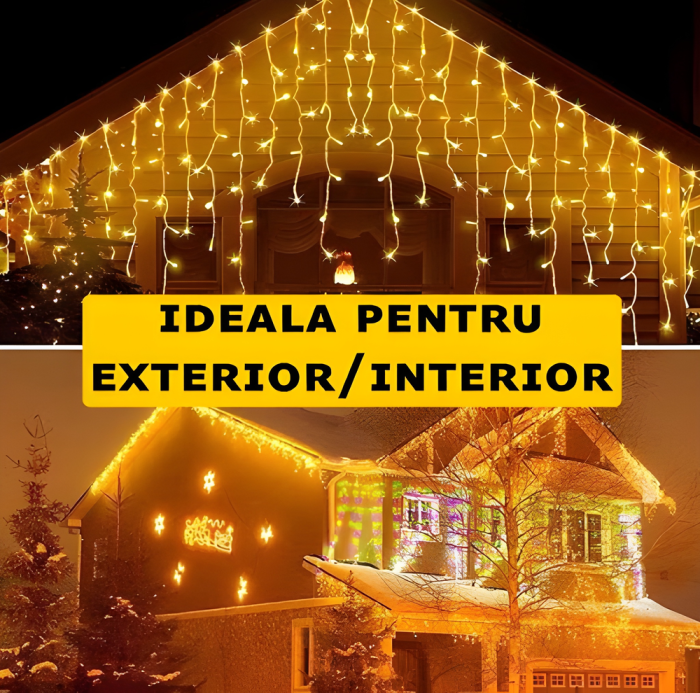 Instalatie Craciun tip Franjuri, 12 m, 300 Led-uri, 8 jocuri de lumini, Perdea, Franjuri, Exterior/Interior, Fir Alb, Interconectabila, Alb cald [6]