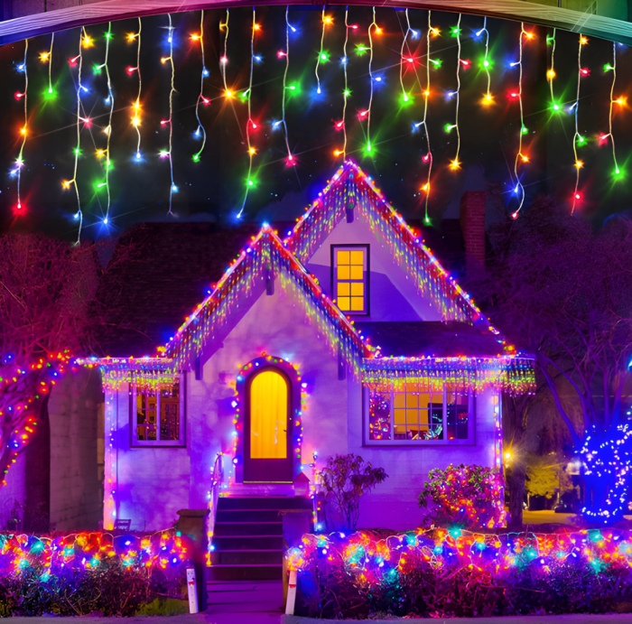 Instalatie Craciun tip Franjuri, 12 m, 300 Led-uri, 8 jocuri de lumini, Perdea, Franjuri, Exterior/Interior, Fir Alb, Interconectabila, Multicolor [7]