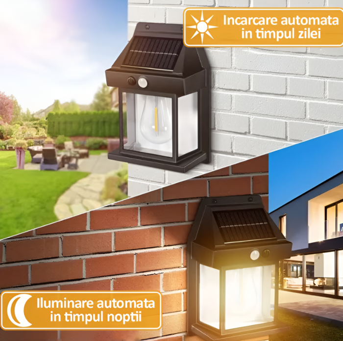 Lampa Solara de Exterior cu Bec, 3 Moduri de Functionare, Senzori de Miscare si Lumina, Stare de Veghe, Lumina Calda, Rezistenta la Apa, Negru [6]