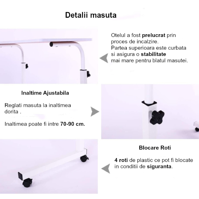 Masuta Laptop Multifunctionala, Reglabila, Cadru Metalic, Blat Mdf, Alb, 60 x 40 cm [11]