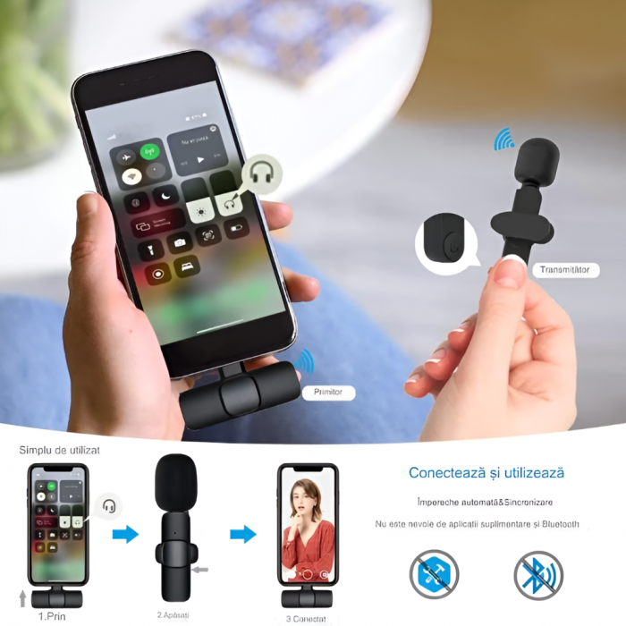 Microfon Wireless Lavaliera, compatibil cu Dispozitivele Android, Portabil, Mufa Conectare USB-C, potrivit pentru Inregistrari, Transmisii Live, TikTok, Instagram, YouTube, Negru [6]