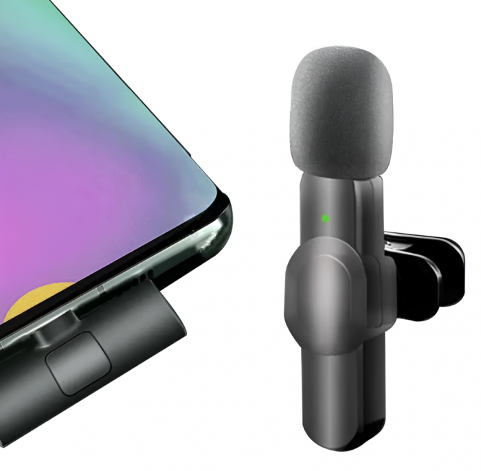 Microfon Wireless Lavaliera, compatibil cu Dispozitivele Android, Portabil, Mufa Conectare USB-C, potrivit pentru Inregistrari, Transmisii Live, TikTok, Instagram, YouTube, Negru [2]