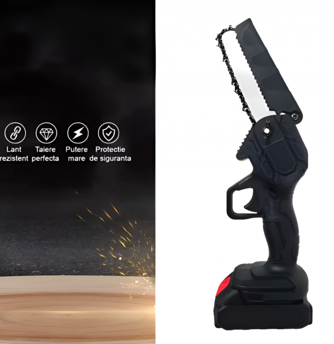 Mini fierastrau 700W cu Lant Electric Portabil, 36 V, 4500mAh, 2 Acumulatori, 2 Lanturi, Negru, Dimensine Lama 11 cm [3]
