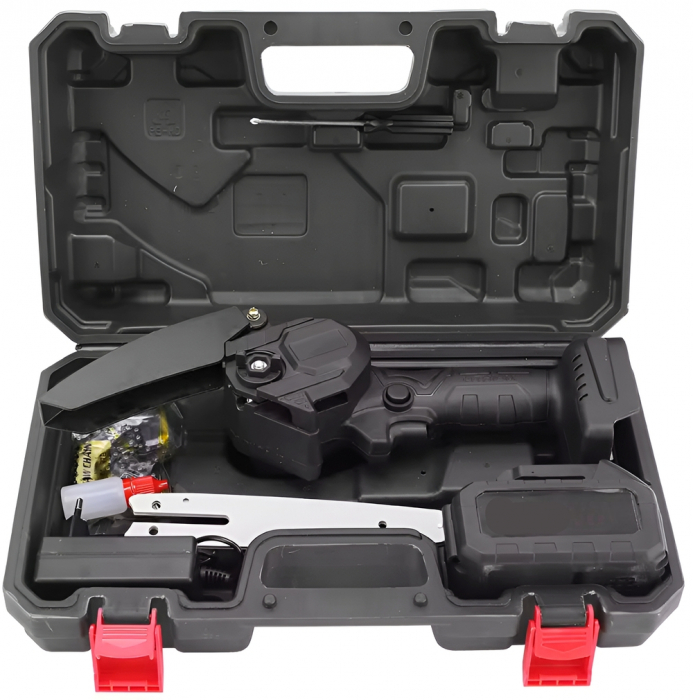 Mini fierastrau 700W cu Lant Electric Portabil/Drujba, 36 V, 4500mAh, 2 Acumulatori/Baterii, 2 Lanturi, Negru, Dimensine Lama 16 cm [2]