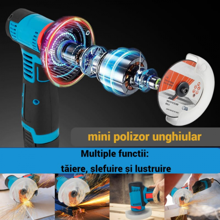 Mini Polizor Flex Unghiular Portabil, 2 Acumulatori 12V, 1500W, 3000 mAh, 19500 rpm, 6 Discuri Incluse, Cutie de Transport, Autonomie Mare, Verde/Negru [12]