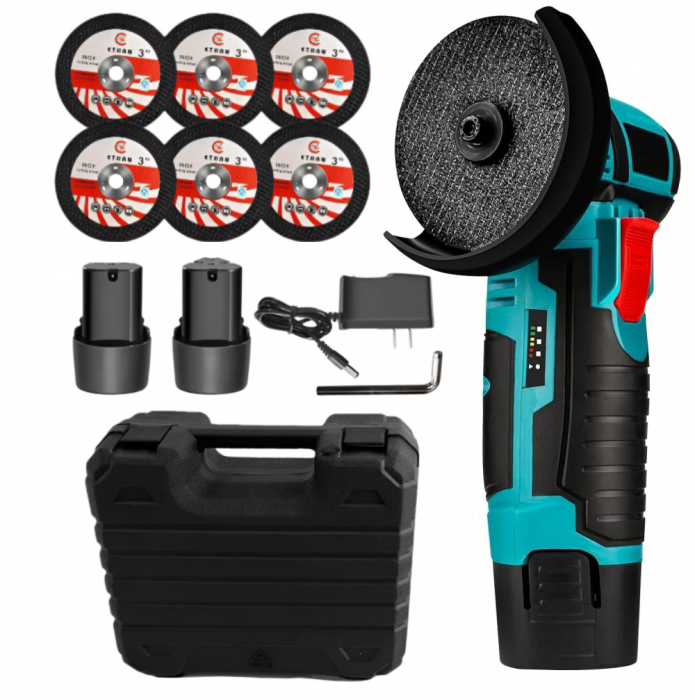Mini Polizor Flex Unghiular Portabil, 2 Acumulatori 12V, 1500W, 3000 mAh, 19500 rpm, 6 Discuri Incluse, Cutie de Transport, Autonomie Mare, Verde/Negru [1]