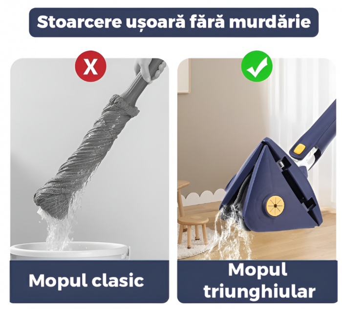 Mop cu Cap Triunghiular + 2 Rezerve, Rotativ, Telescopic, Curatare Usoara, Lungime Maxima 127 cm [8]
