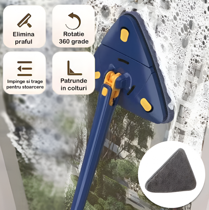 Mop cu Cap Triunghiular + 2 Rezerve, Rotativ, Telescopic, Curatare Usoara, Lungime Maxima 127 cm [2]