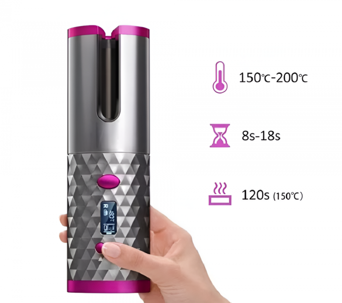 Ondulator Ceramic pentru Par, Automat, Wireless, Portabil, cu Temperatura Reglabila 150-200 Grade, Timer, cu Acumulator, LCD, Gri metalic [8]