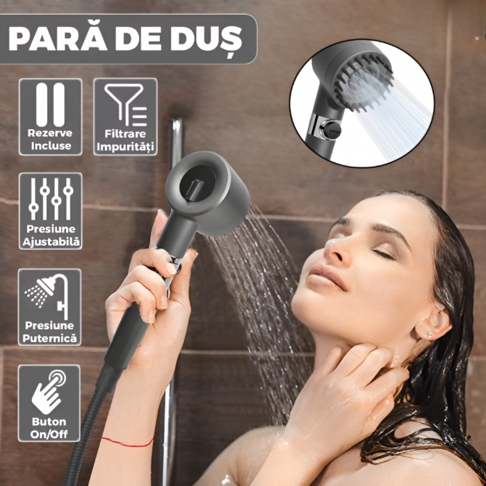 Para de Dus, 2 filtre pentru Impuritati, Buton On/Off, Presiune Ajustabila, Filtrare, Jet Uniform, Zimti de Silicon pentru Curatare, Gri [2]