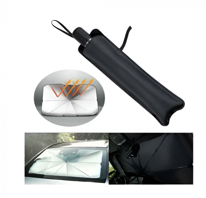 Parasolar Auto Pliabil Tip Umbrela, Negru/Argintiu, Universal, Protectie UV, 130X75cm [8]