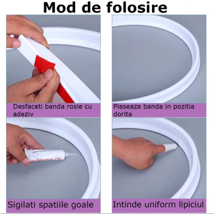 Prag de dus autoadeziv, flexibil, pentru cabina de dus, rezistent la mucegai, impermeabil, silicon, alb, 1.5 m, model 90° [3]