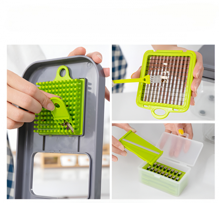 Razatoare Multifunctionala 22 de Piese pentru Legume si Fructe, cu Functie de Caserola, Lame din Otel Inoxidabil si Maner Protectie, Verde/Gri [6]