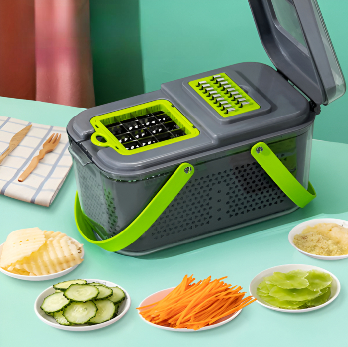 Razatoare Multifunctionala 22 de Piese pentru Legume si Fructe, cu Functie de Caserola, Lame din Otel Inoxidabil si Maner Protectie, Verde/Gri [7]