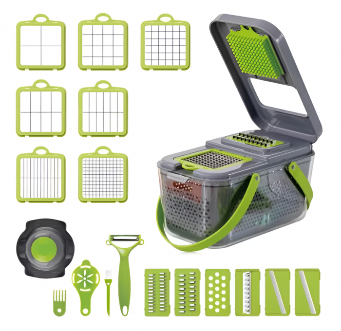 Razatoare Multifunctionala 22 de Piese pentru Legume si Fructe, cu Functie de Caserola, Lame din Otel Inoxidabil si Maner Protectie, Verde/Gri [8]