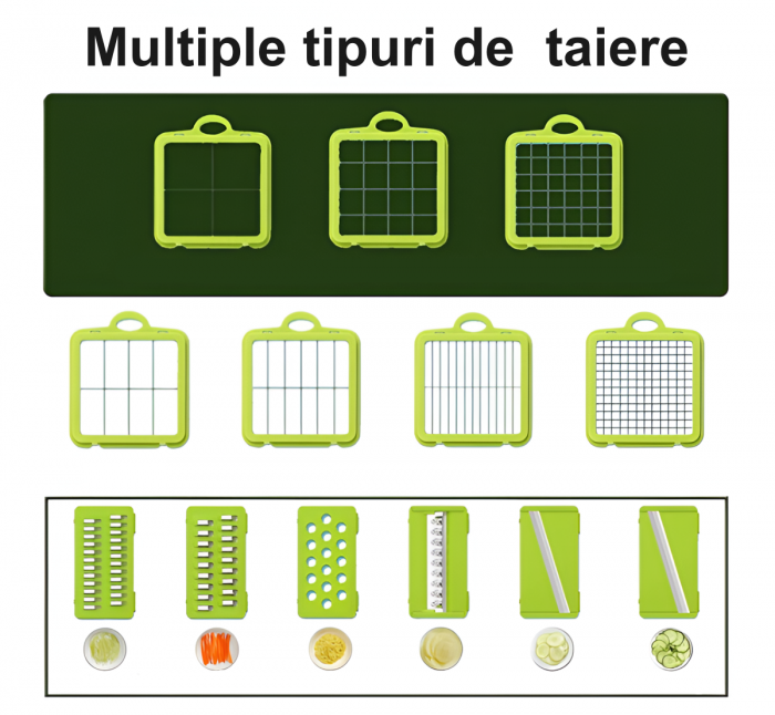 Razatoare Multifunctionala 22 de Piese pentru Legume si Fructe, cu Functie de Caserola, Lame din Otel Inoxidabil si Maner Protectie, Verde/Gri [3]