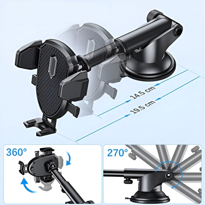 Suport Auto Pentru Telefon, Picior Ajustabil 360, Marime Universala, Negru [5]