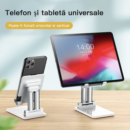 Suport Telefon/Tableta, Inaltime Reglabila, Pliabil, Alb [4]