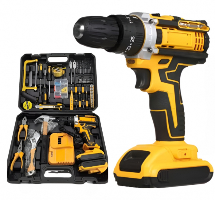 Trusa Masina de Gaurit si Insurubat, eSimplu®, 500W, Extra Accesorii 119 Piese, 2 Acumulatori 36V 8.0 Ah, Mandrina Rapida 13mm, 3000 RPM, 8000mAh, Statie Incarcare, Design Modern, Cutie transport [1]