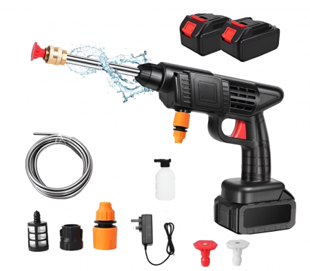 Scule multifunctionale si accesorii - Aparat De Spalat Cu Presiune Portabil, Fara Fir, Tip Pistol, Cu 3 Moduri De Functionare, Pentru Casa, Gradina, Masina, Recipient Spuma, Filtru si Duze Incluse, 2 Acumulatori 48 V, Negru