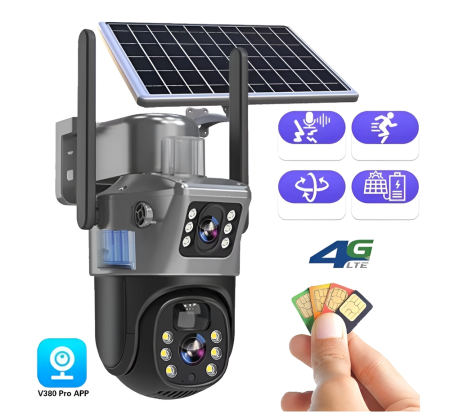 Casa & Gradina - Camera de supraveghere duble Cu panou solar, eSimplu®, 4MP, 2.5K, acumulatori 15600 mAh, 4G SIM 2.4Ghz, Panou Solar 8W, 4X zoom, vedere nocturna, Urmarire automata, IP66, stocare card, Negru