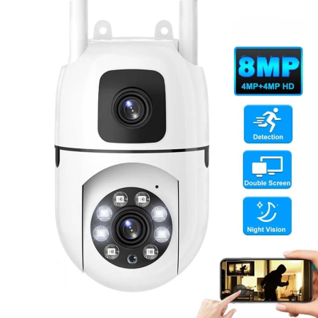 Casa & Gradina - Camera de Supraveghere WiFi Dual Lens, eSimplu®, Rotire 355°, Night Vision Full Color, Detectare Miscare Smart, Audio Bidirectional, Interior/Exterior, Alb