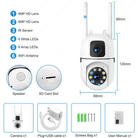 Camera de Supraveghere WiFi Dual Lens, eSimplu®, Rotire 355°, Night Vision Full Color, Detectare Miscare Smart, Audio Bidirectional, Interior/Exterior, Alb [3]