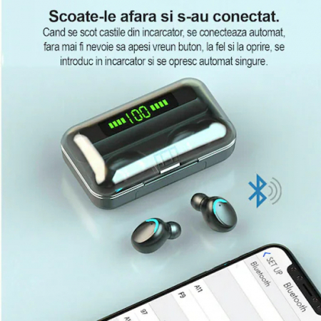 Casti Bluetooth Wireless, Handsfree, Control Touch, cu Microfon, Baterie externa inclusa 2000 mAh, Rezistente la Apa, Negru [3]