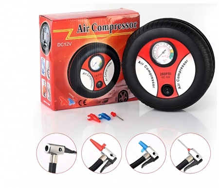 Compresor Aer Auto In Forma De Anvelopa, 12V, 260 PSI, 20l/minut, Pompa Pentru Umflare Anvelopa, Roti Bicicleta Sau Mingi, Negru-rosu [1]