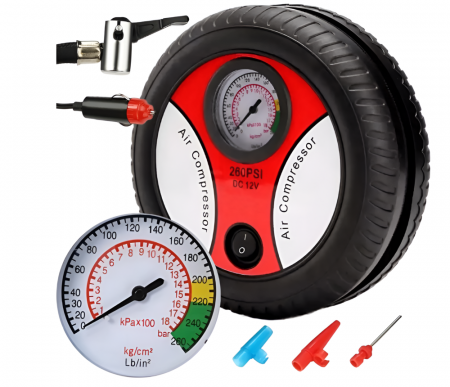 Suporturi auto - Compresor Aer Auto In Forma De Anvelopa, 12V, 260 PSI, 20l/minut, Pompa Pentru Umflare Anvelopa, Roti Bicicleta Sau Mingi, Negru-rosu
