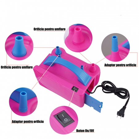 Compresor Profesional pentru Umflat Baloane si Obiecte Gonflabile, Putere 600 W, Alimentare 220 V, Culoare Roz/Albastru [1]