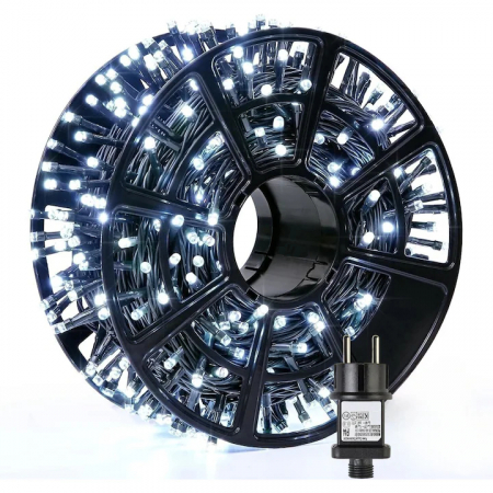 Stickere decorative - Instalatie Craciun Liniara, 100m, 480 Led-uri, Rezistent Apa, Perdea, Franjuri, Exterior/Interior, Interconectabila, Fir Alb gros, Alb rece