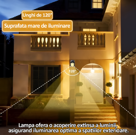 Lampa Solara de Exterior cu Bec, 3 Moduri de Functionare, Senzori de Miscare si Lumina, Stare de Veghe, Lumina Calda, Rezistenta la Apa, Negru [1]