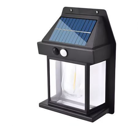 Iluminat & electrice - Lampa Solara de Exterior cu Bec, 3 Moduri de Functionare, Senzori de Miscare si Lumina, Stare de Veghe, Lumina Calda, Rezistenta la Apa, Negru