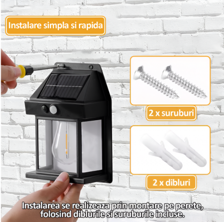Lampa Solara de Exterior cu Bec, 3 Moduri de Functionare, Senzori de Miscare si Lumina, Stare de Veghe, Lumina Calda, Rezistenta la Apa, Negru [3]