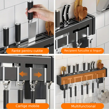 Organizator de Perete pentru Bucatarie, cu 8 Carlige Agatare, Suport Cutite, Negru [8]
