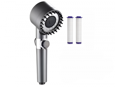 Suporturi si accesorii de baie - Para de Dus, 2 filtre pentru Impuritati, Buton On/Off, Presiune Ajustabila, Filtrare, Jet Uniform, Zimti de Silicon pentru Curatare, Gri