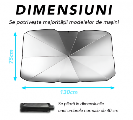 Parasolar Auto Pliabil Tip Umbrela, Negru/Argintiu, Universal, Protectie UV, 130X75cm [11]