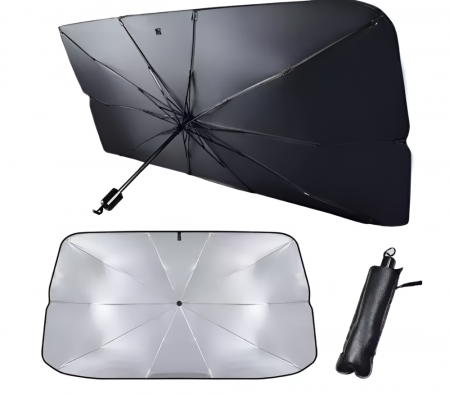 Parasolare auto - Parasolar Auto Pliabil Tip Umbrela, Negru/Argintiu, Universal, Protectie UV, 130X75cm