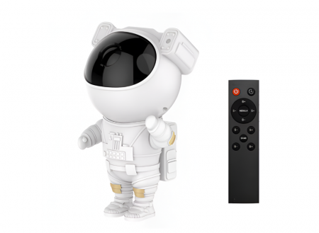 Lampi de veghe copii - Proiector de Stele in Forma de Astronaut pe Luna, LED, Cap Rotativ, Telecomanda, 8 Moduri de Proiectii, Luminozitate Reglabila, Alb, 23x10x12 cm