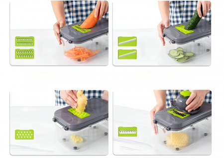 Razatoare Multifunctionala 22 de Piese pentru Legume si Fructe, cu Functie de Caserola, Lame din Otel Inoxidabil si Maner Protectie, Verde/Gri [9]