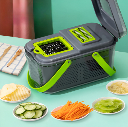 Razatoare Multifunctionala 22 de Piese pentru Legume si Fructe, cu Functie de Caserola, Lame din Otel Inoxidabil si Maner Protectie, Verde/Gri [6]