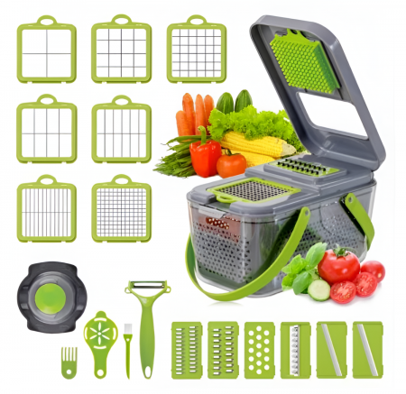 Casa, Gradina & Bricolaj - Razatoare Multifunctionala 22 de Piese pentru Legume si Fructe, cu Functie de Caserola, Lame din Otel Inoxidabil si Maner Protectie, Verde/Gri