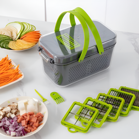 Razatoare Multifunctionala 22 de Piese pentru Legume si Fructe, cu Functie de Caserola, Lame din Otel Inoxidabil si Maner Protectie, Verde/Gri [1]
