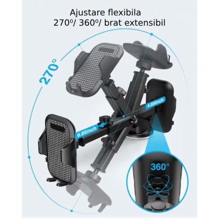 Suport Auto pentru Telefon, Montare pe Parbriz sau Bord, Reglare 360°, Universal, Negru [3]