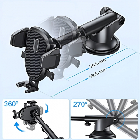 Suport Auto Pentru Telefon, Picior Ajustabil 360, Marime Universala, Negru [4]