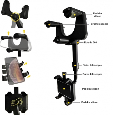 Suport Telescopic de Telefon, Pentru Masina, Dimensiune Reglabila, Rotatie 360, Negru [4]