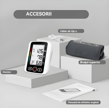 Tensiometru de Brat eSimplu, Afisaj LED cu Caractere Mari, Audio Vocal in Engleza, 90 Seturi de Memorie pentru Doua Persoane, Utilizare Plug-in USB-C, Poate fi Instalat cu Baterii, Manseta 22-32cm [4]